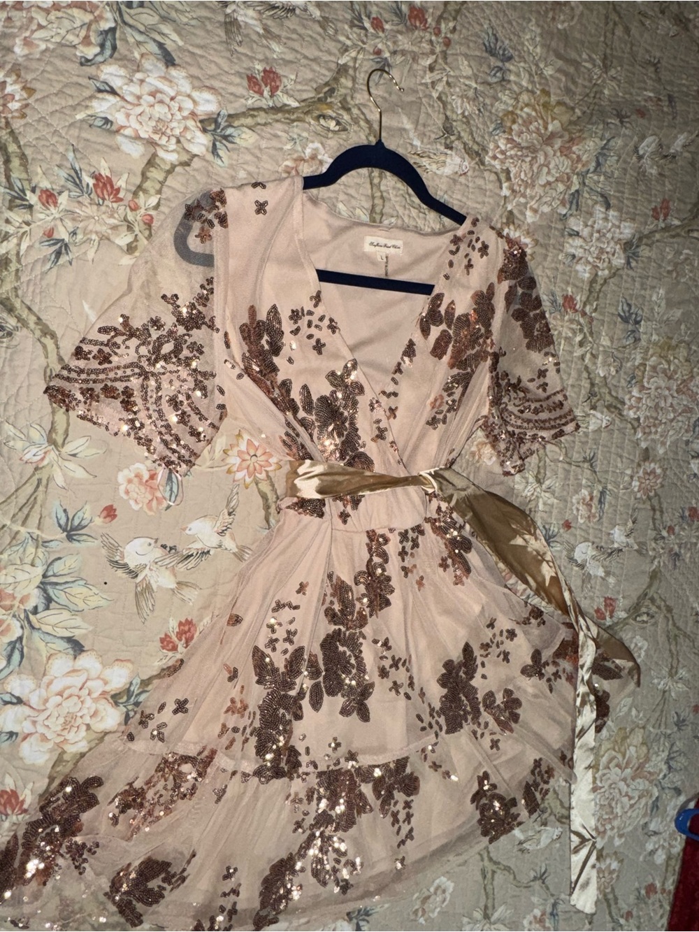 Sequin Floral Blush Wrap Dress with Satin Waist Tie